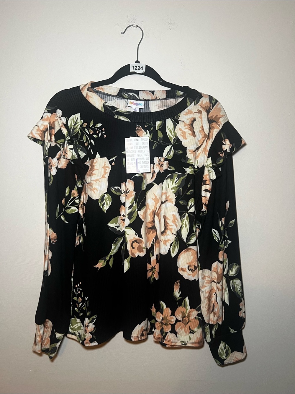 LuLaRoe Brielle Black Floral Long-Sleeve Top with Peach Blooms